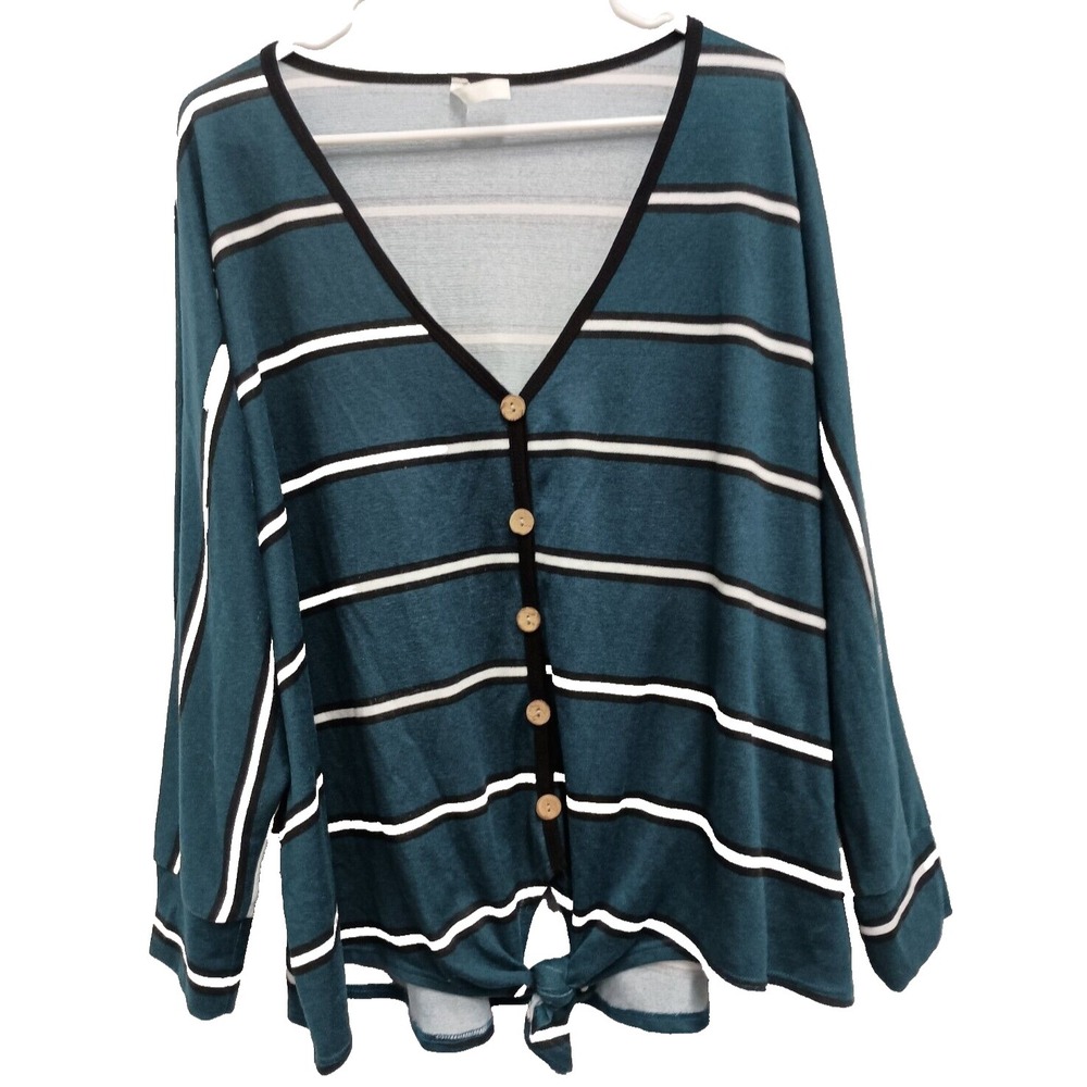 Emerald Womens BOHO Tunic Top Size 1X Teal Striped Soft Button Front Casual